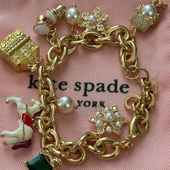 NWOT Kate Spade Gold Tone Charm Bracelet with Pearl & Enamel Accents - Picture 6 of 8